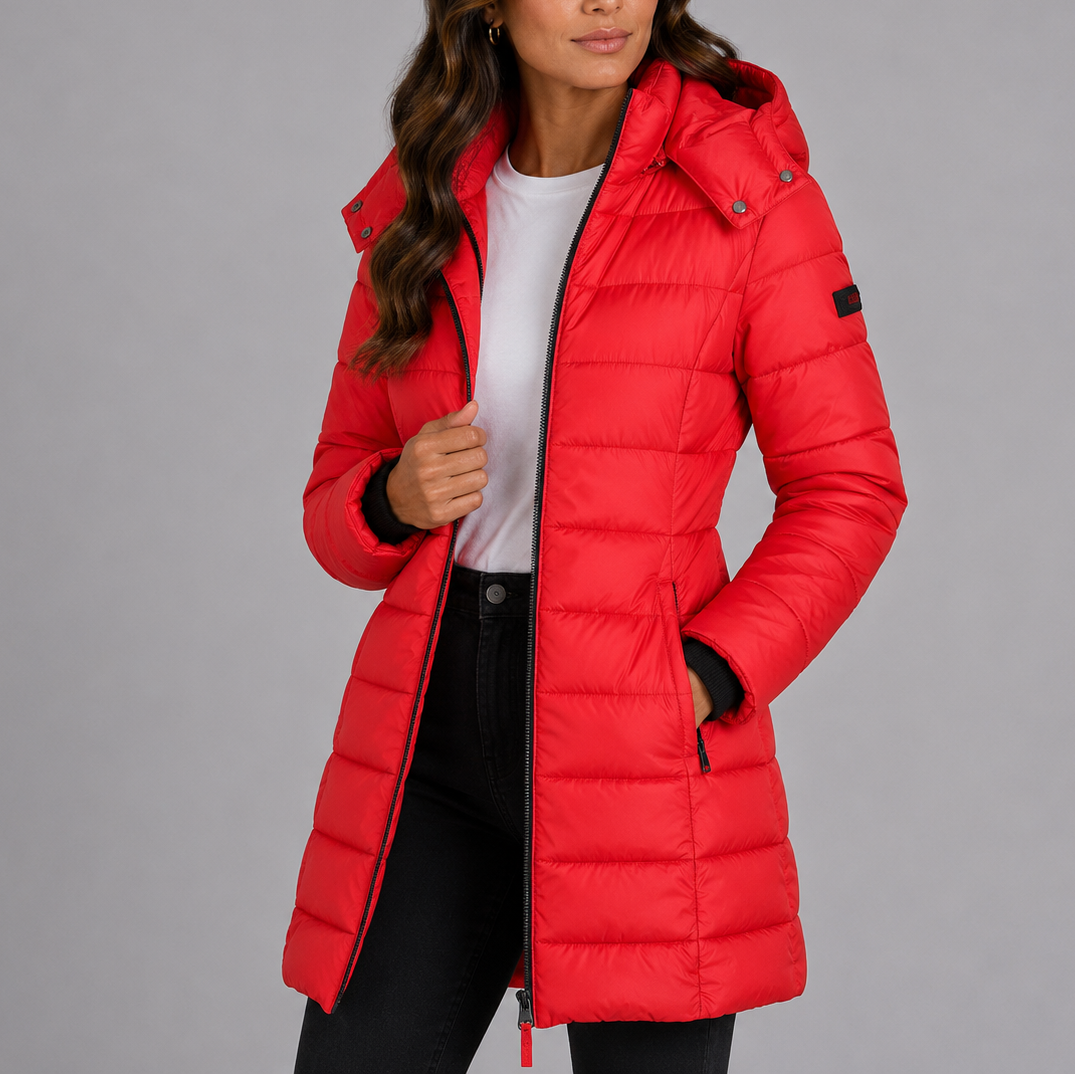 Wynna Women's Long Hooded Puffer Jacket featuring a stylish insulated quilted design, perfect for winter warmth and comfort. 6