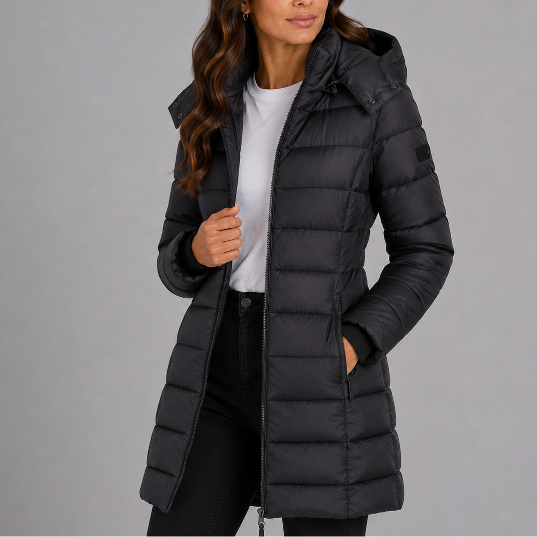 Wynna Women's Long Hooded Puffer Jacket featuring a stylish insulated quilted design, perfect for winter warmth and comfort. 7
