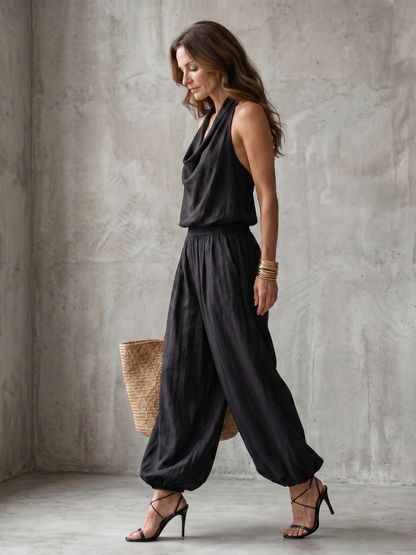Yvaine Women's Two Piece Set featuring a stylish draped neckline top paired with elegant wide-leg trousers, perfect for chic casual or formal occasions. 2