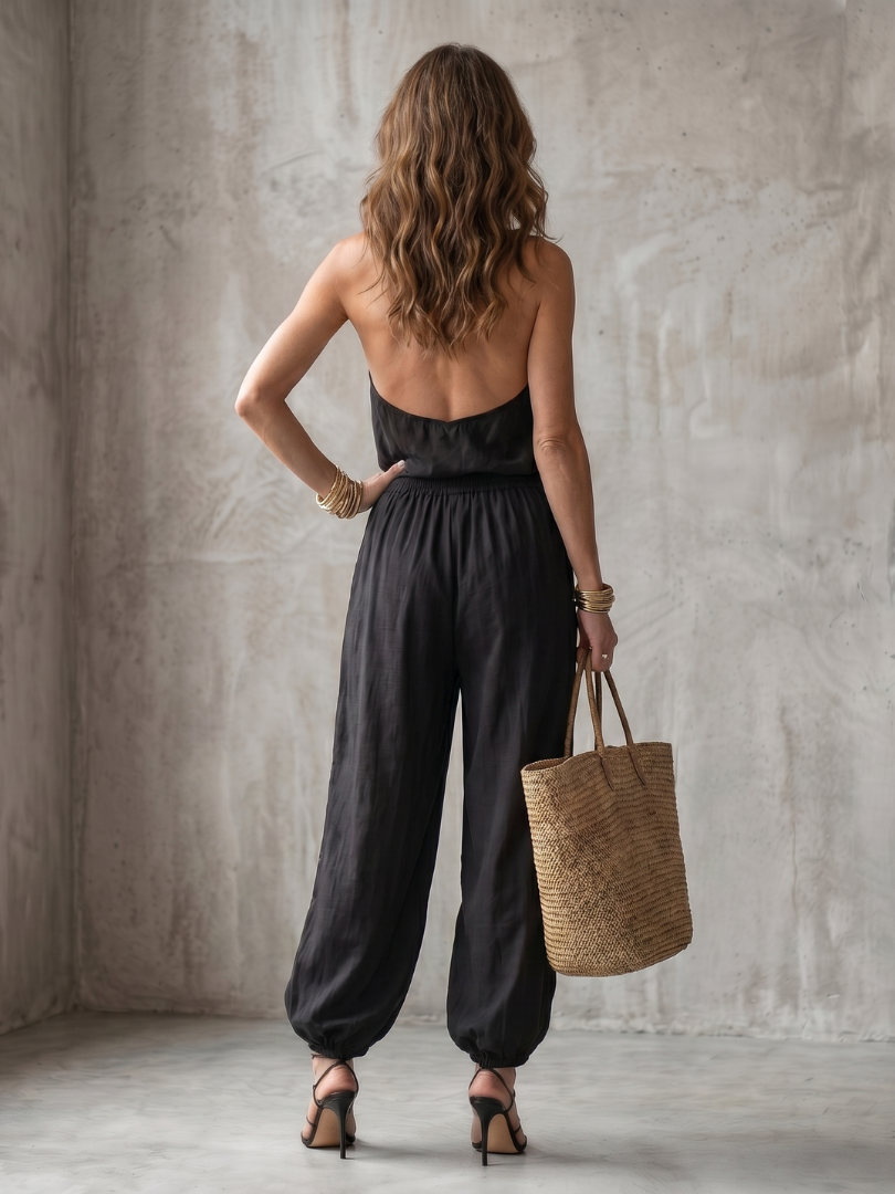 Yvaine Women's Two Piece Set featuring a stylish draped neckline top paired with elegant wide-leg trousers, perfect for chic casual or formal occasions. 4