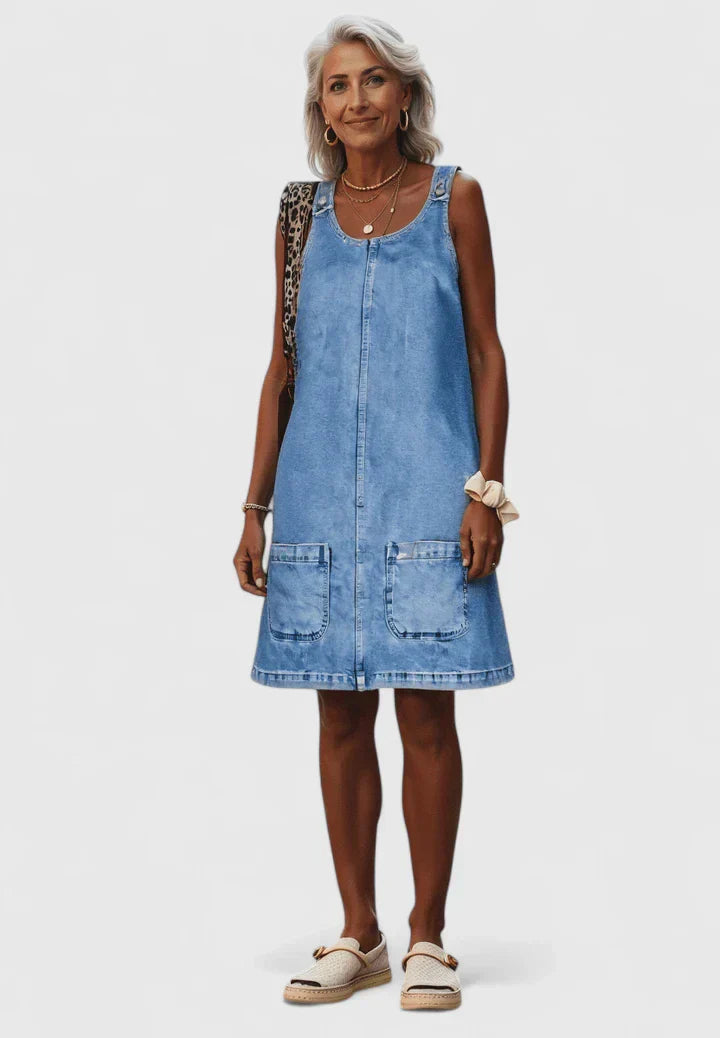 Zara Women's Midi Dress in denim look featuring large pockets, perfect for casual outings and stylish everyday wear. 0