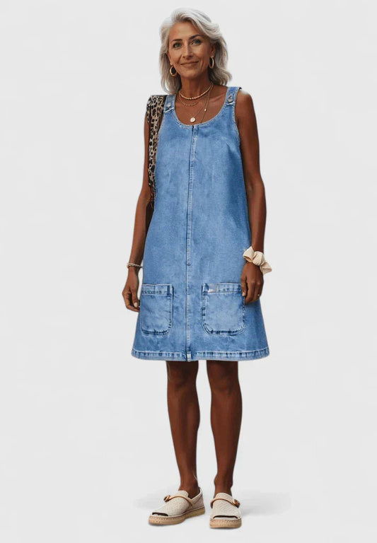 Zara Women's Midi Dress in denim look featuring large pockets, perfect for casual outings and stylish everyday wear. 0